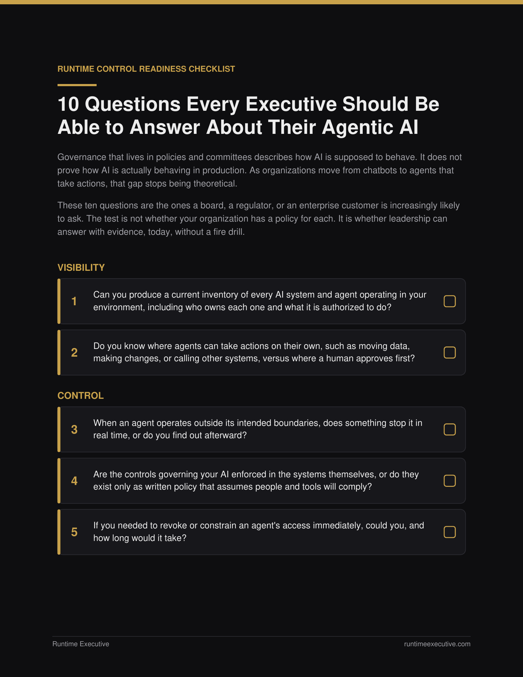 Preview of the Runtime Control Readiness Checklist: 10 questions every executive should be able to answer about their agentic AI